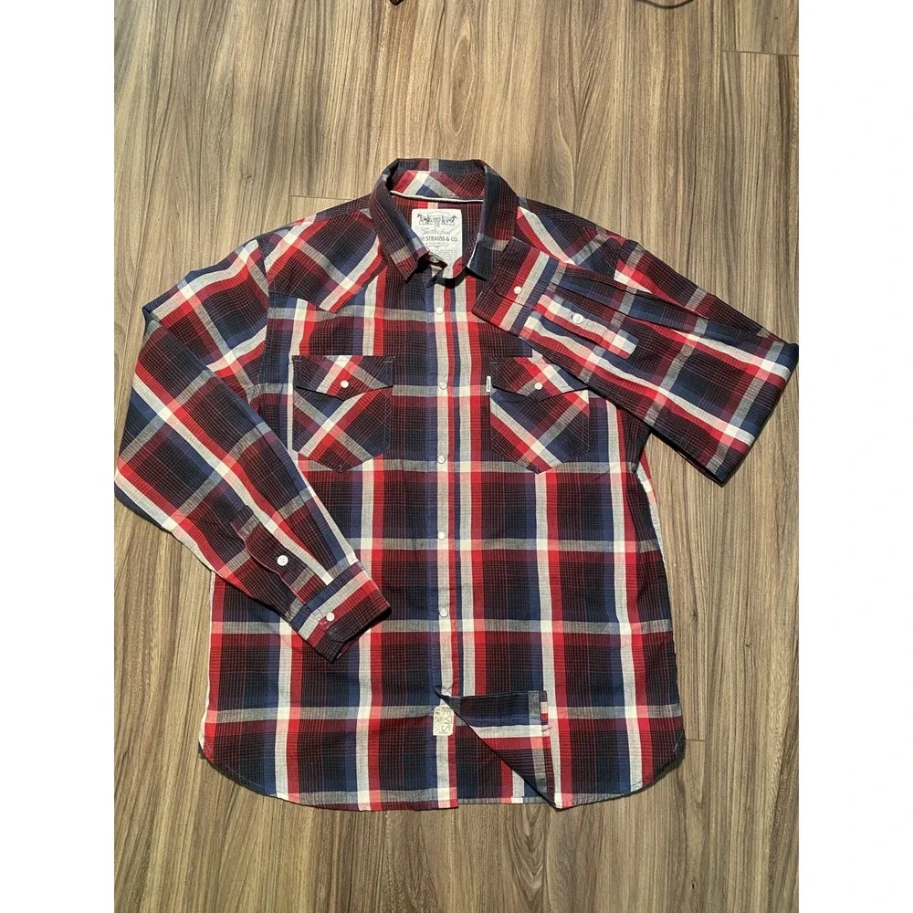 Levis Western Shirt Men M Red Blue White Plaid Snap Front Two Horse Brand Cowboy